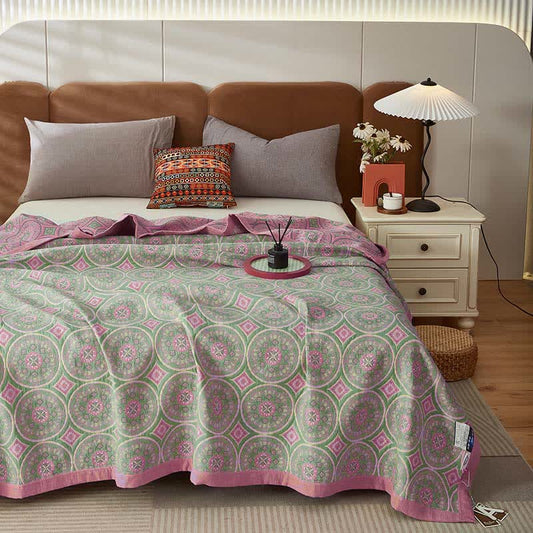 Boho Mandala Cotton Gauze Reversible Quilt Quilts Ownkoti Green & Pink 2PCS Pillow Towels 21" × 31"