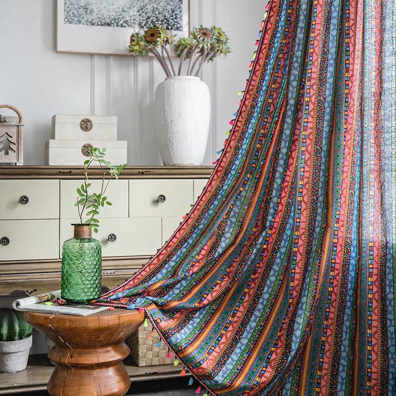 Colorful Tassel Curtain Light Filtering Drapes Curtains Ownkoti Green Blue with Colorful Tassel Rod Pocket 59"W × 118"L
