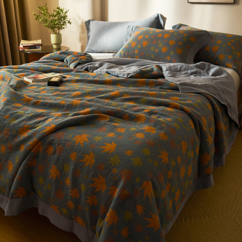 Maple Leaf Jacquard Pure Cotton Quilt Quilts Ownkoti Grey & Orange 19" x 29"