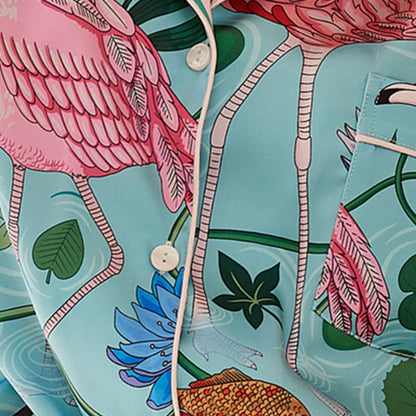 Flamingo Flower Pattern V-neck Button Short Loungewear Loungewear Ownkoti 13