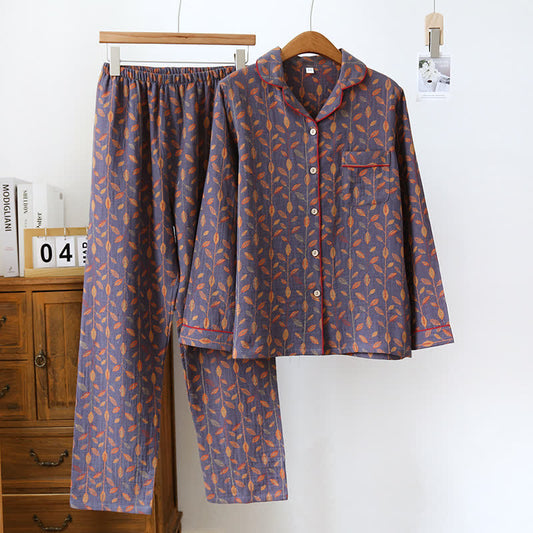 Retro Leaf Cotton Long Sleeves Pajama Set