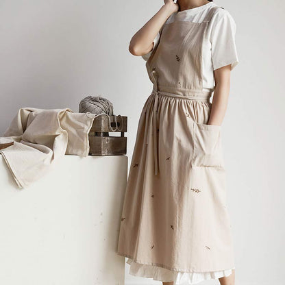 Cotton Flower Embroidered Apron With Pockets