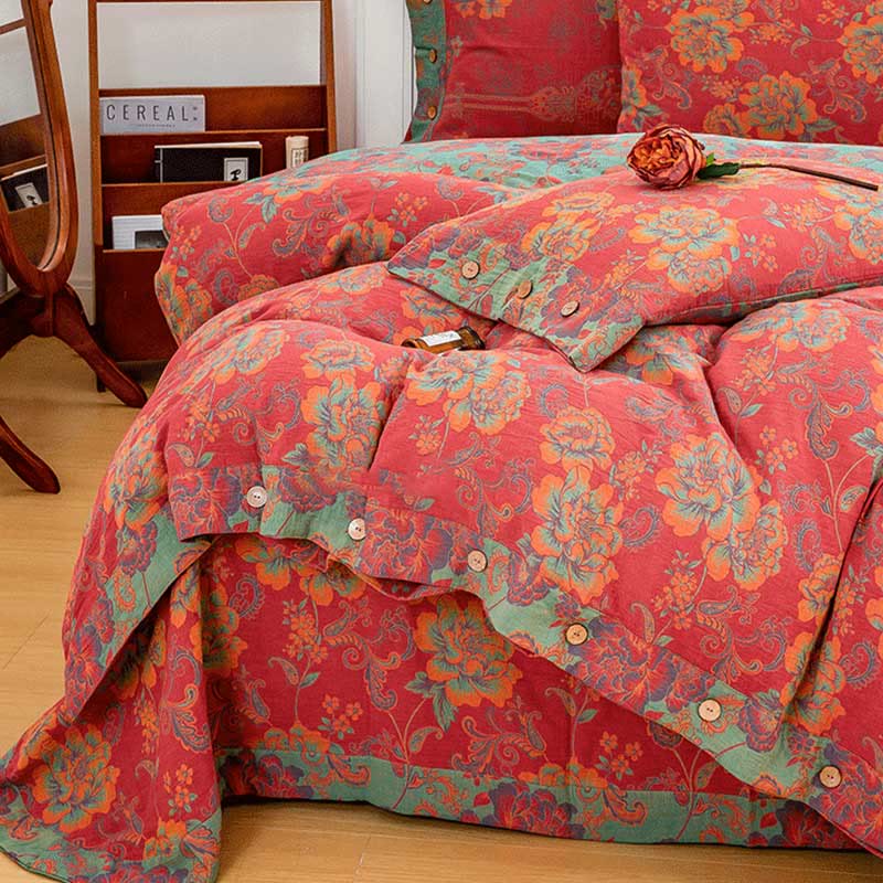 Flower Print Red Cotton Bedding Sets(4PCS) Bedding Set Ownkoti 4