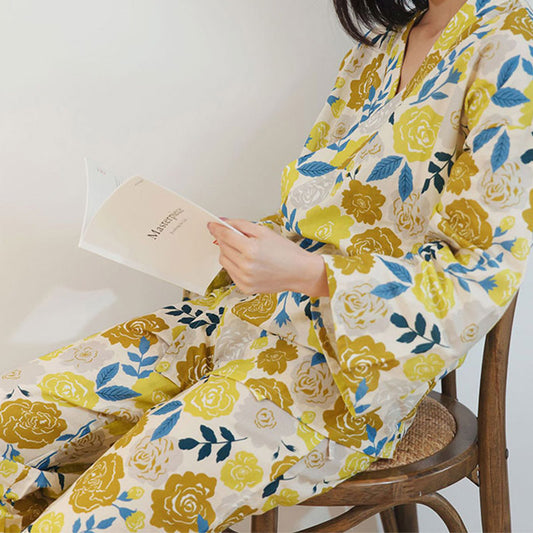 Kimono Style Yellow Flower Loungewear Set