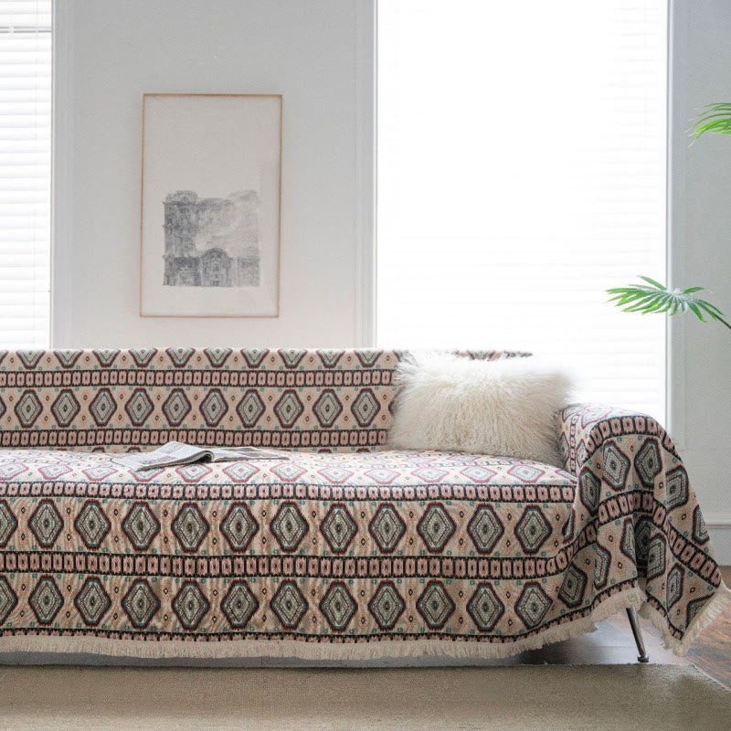 Simple Rhombus Pattern Tassel Sofa Protector