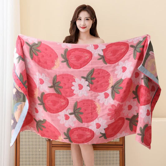 Strawberry & Flower Cotton Reversible Bath Towel Towels Ownkoti Pink 31" x 63"