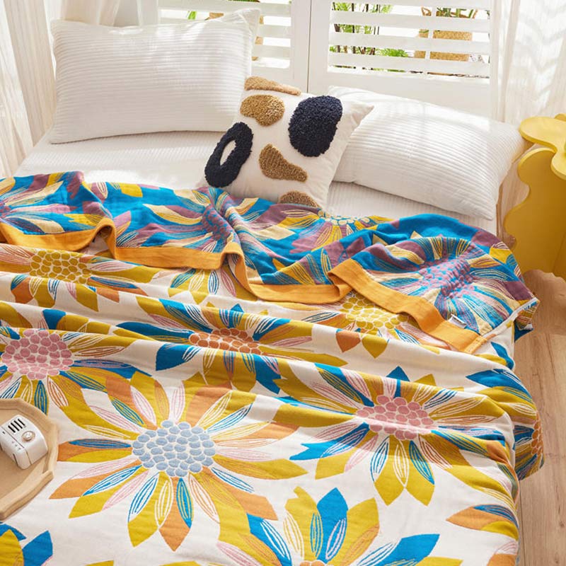 Ownkoti Yellow Flower Print Cotton Reversible Quilt