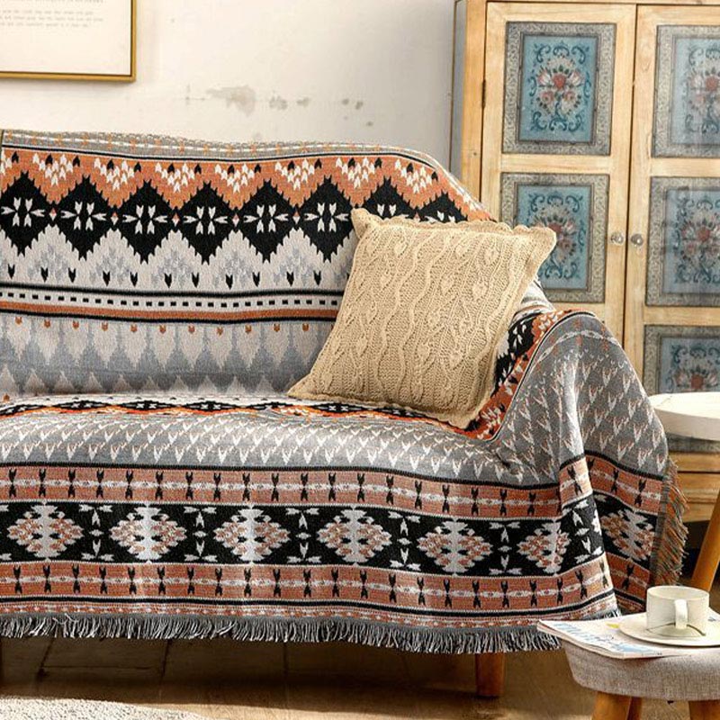 Vintage Pattern Sofa Blanket with Tassel