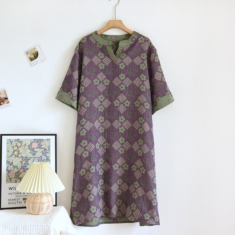 Checkerboard & Flower V-neck Soft Cotton Nightdress Loungewear Ownkoti Purple L