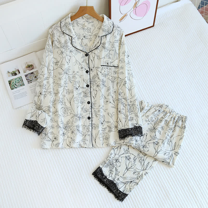 Floral Cotton Pajama Set with Lace