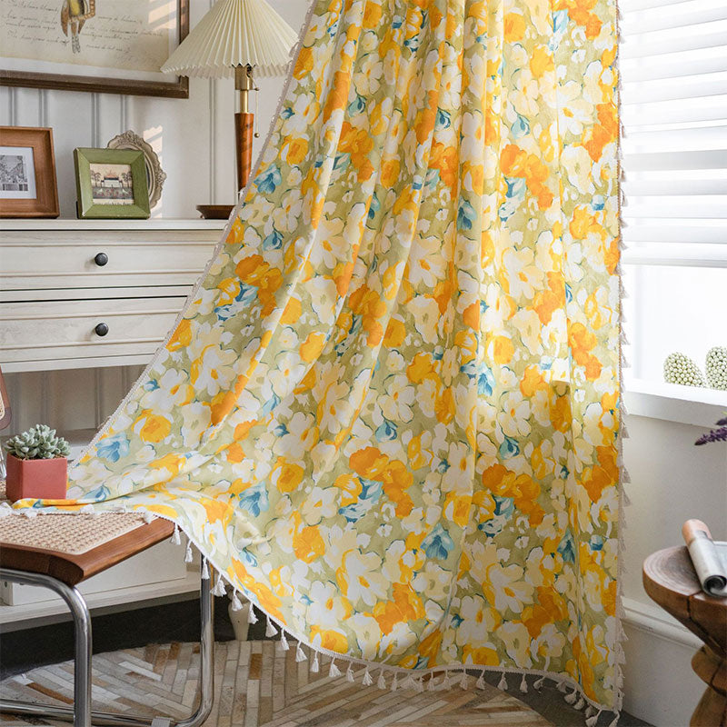Yellow Flower Cotton Linen Curtain