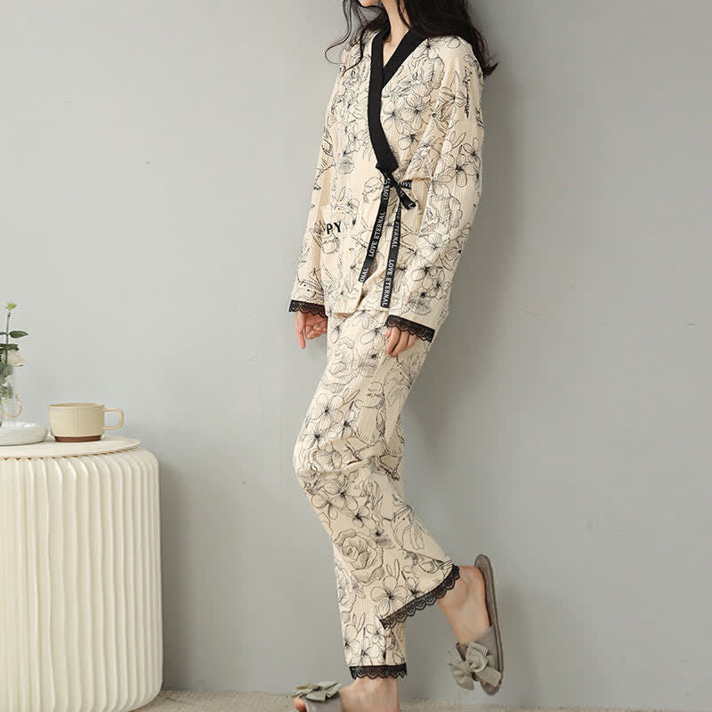Floral V-neck Pajama Set with Lace