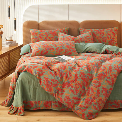 Leaf Pattern Duvet Cover Bedsheet & Pillowcases (4PCS) Bedding Set Ownkoti Red & Green King
