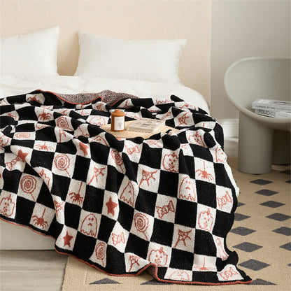 Halloween Pattern Checkerboard Fluffy Throw Blanket