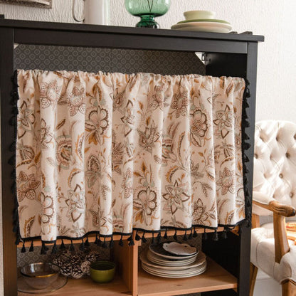 Camellia Pattern Semi-blackout Tassel Tier Curtain Curtains Ownkoti Beige 59"W x 36"L