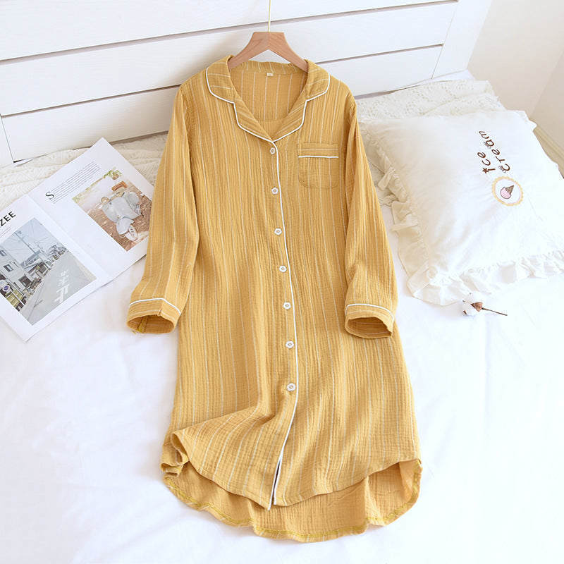 Solid Color Striped Lapel Nightdress