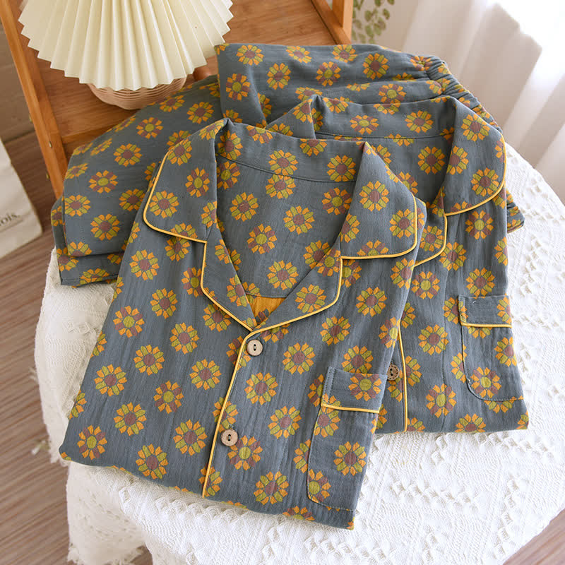 Sunflower Cotton Lapel Nightwear Set