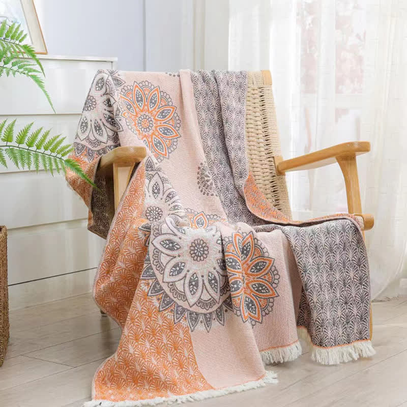 Mandala Flower Cotton Gauze Tassel Blanket