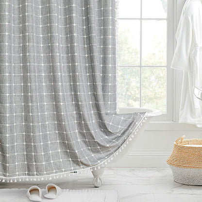 Waterproof Plaid Print Tassel Shower Curtain