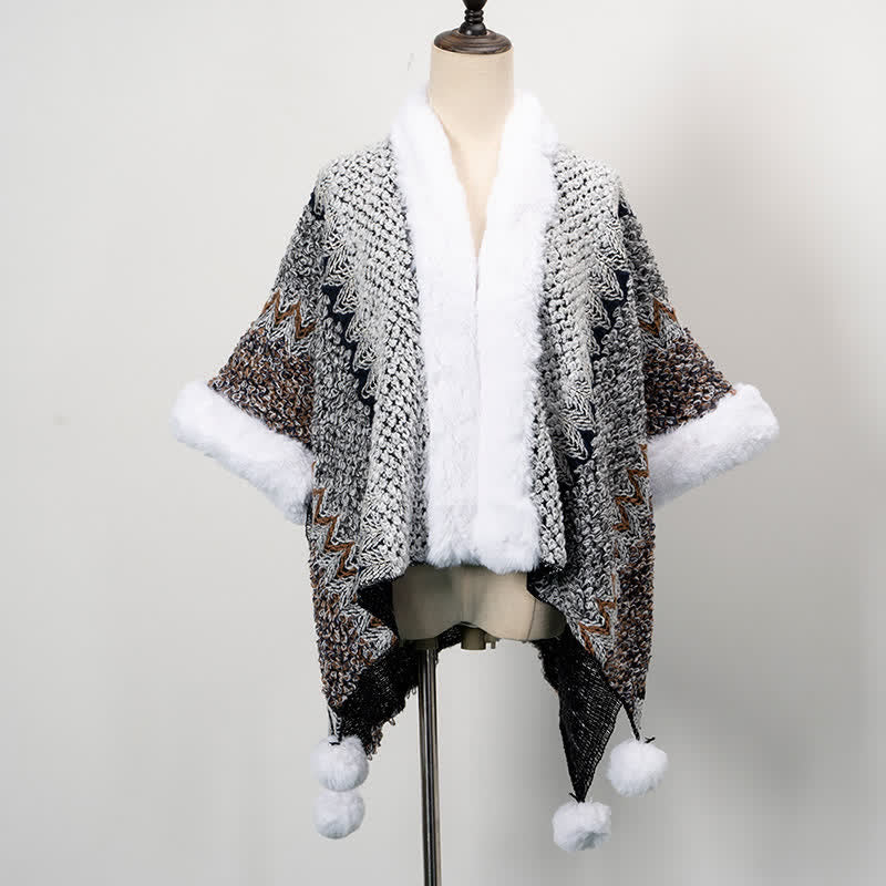Knitted Warm Fur Collar Fleece Shawl Wrap