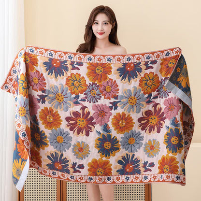 Bright Flower Soft Cotton Bath Towel Towels Ownkoti White & Orange 80cm x 160cm