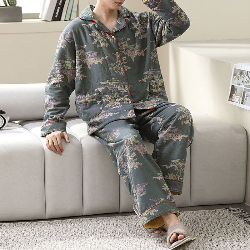 Plant Print Cotton Gauze Loungewear Set ownkoti