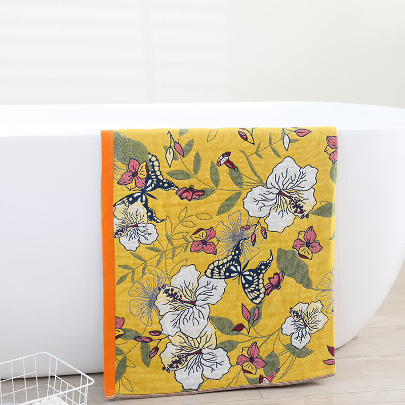 Flower & Butterfly Reversible Cotton Bath Towel Towels Ownkoti Yellow 80cm x 160cm