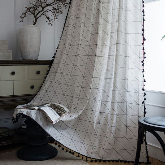 White Checkerboard Tassel Cotton Linen Curtain