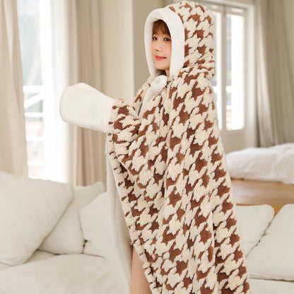 Houndstooth Hooded Warm Wearable Throw