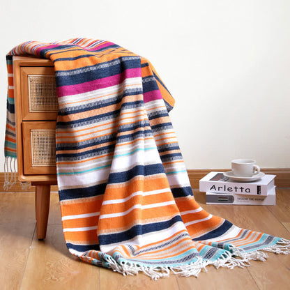 Colorful Striped Soft Tassel Rainbow Blanket