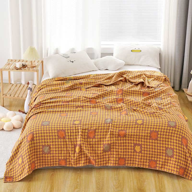 Bright Maple Leaf & Checkered Cotton Quilt Quilts Ownkoti Orange Queen