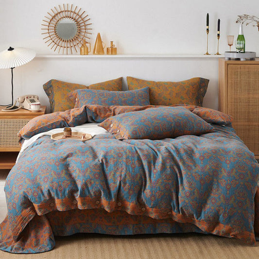 Floral Print Brightful Cotton Bedding Sets(4PCS) Bedding Set Ownkoti Button Blue & Orange King