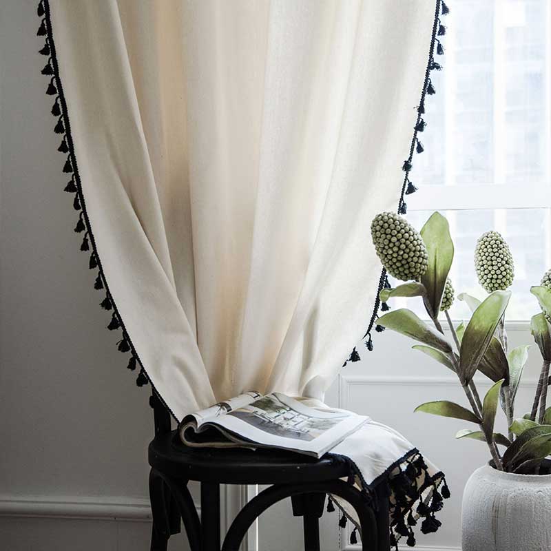 Cotton Linen Beige Curtain with Black Tassel