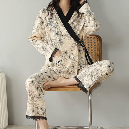 Floral V-neck Pajama Set with Lace