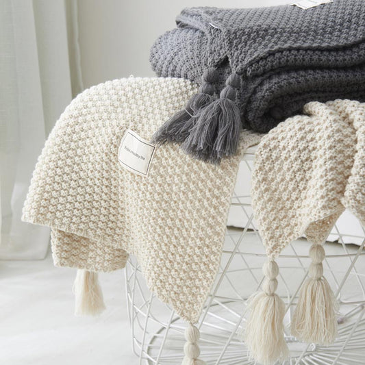Soft Solid Color Knit Tassel Blanket