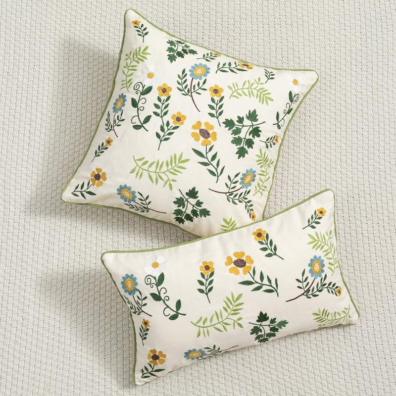 Stylish Yellow Flower Embroidered Pillow Cover Pillowcases Ownkoti Beige 30cm x 50cm