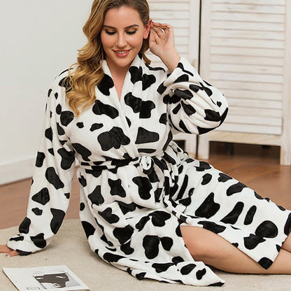 Plus Size Cow Pattern Flannel Warm Bathrobe
