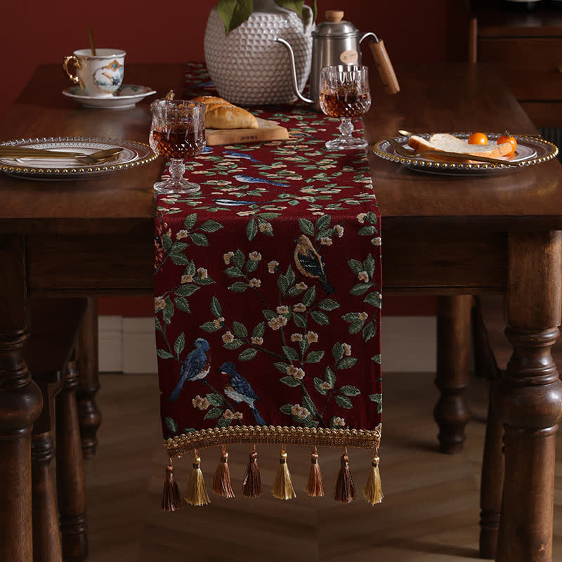 Rural Style Table Runner With Flower & Bird Tablecloth Ownkoti Claret & Green 12" x  86"