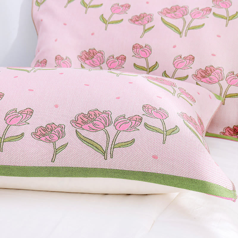 Pink Flower Pure Cotton Pillow Towel (2PCS)
