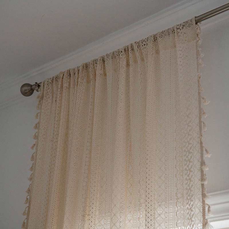 Cotton Beige Curtain Hollow-Out Tassel Drapes Curtains Ownkoti 7