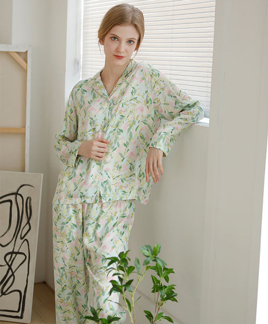Green Floral Long Sleeve Pajama Set