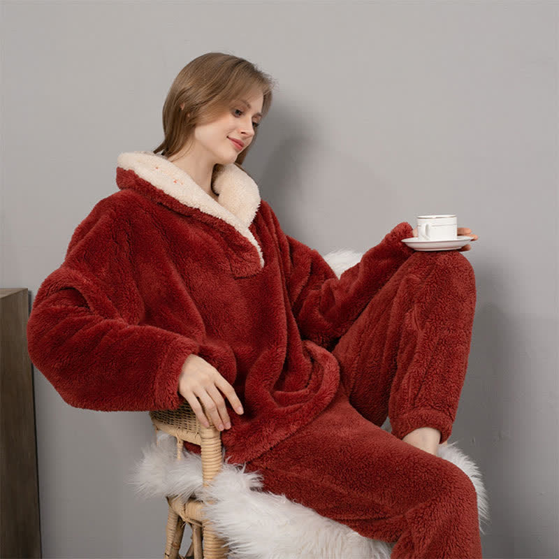 Ownkoti Simple V-Neck Warm Winter Loungewear Set