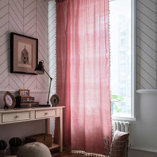 Red Plaid Translucent Curtains with Tassels