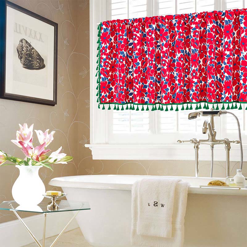 Red Flower Print Tassel Tier Curtain Curtains Ownkoti 4