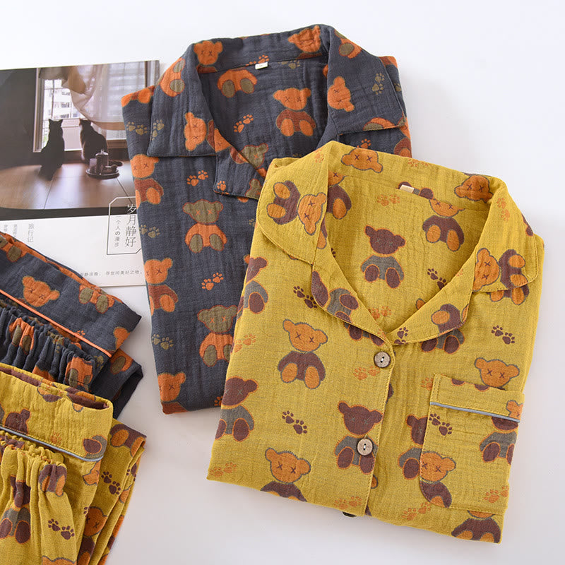 Bear Jacquard Lapel Cotton Loungewear Set