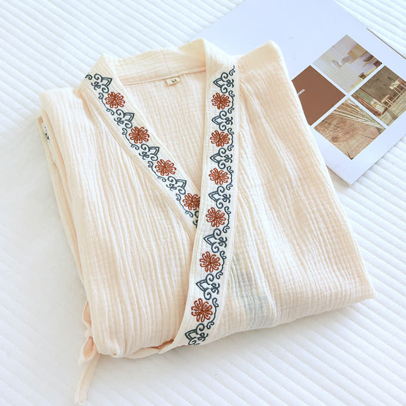 Loose-fit Embroidered Floral Cotton Gauze Bathrobe