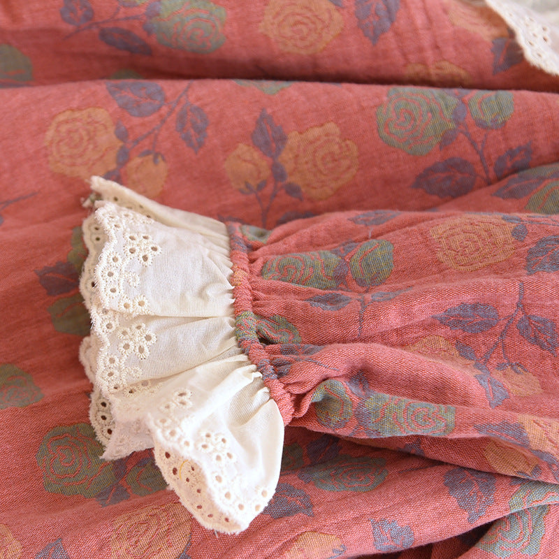 Cotton Gauze V-neck Rose Pajama Set