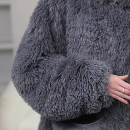 Solid Color Hooded Fluffy Fleece Bathrobe