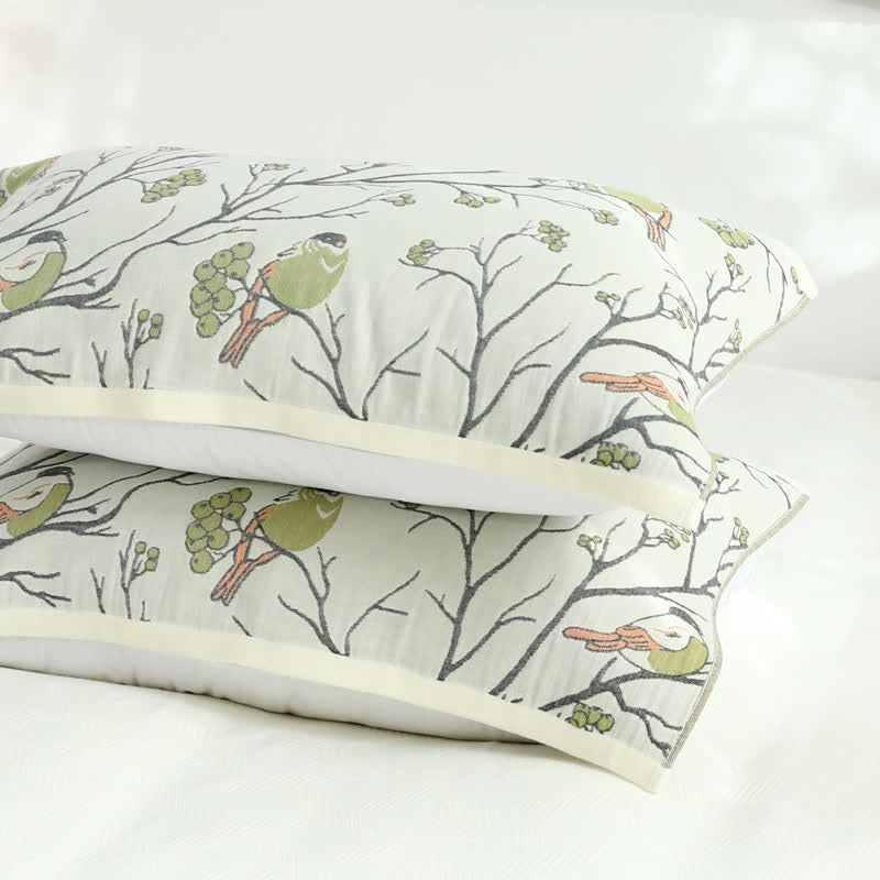 Cotton Gauze Hawthorn Bird Pillow Towel (2PCS)