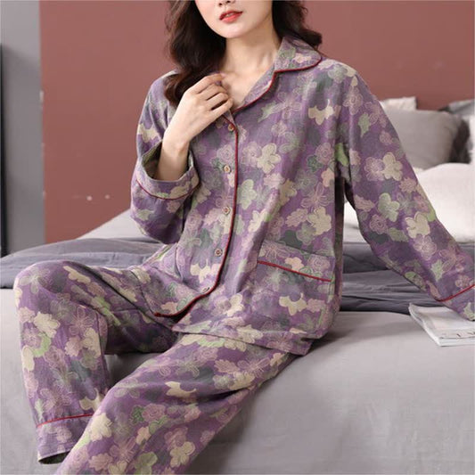 Jacquard Floral Button-down Cotton Pajama Set